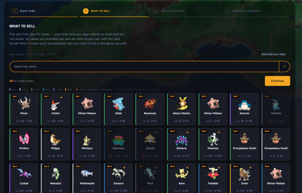 Choosing a Pokémon from your boxes